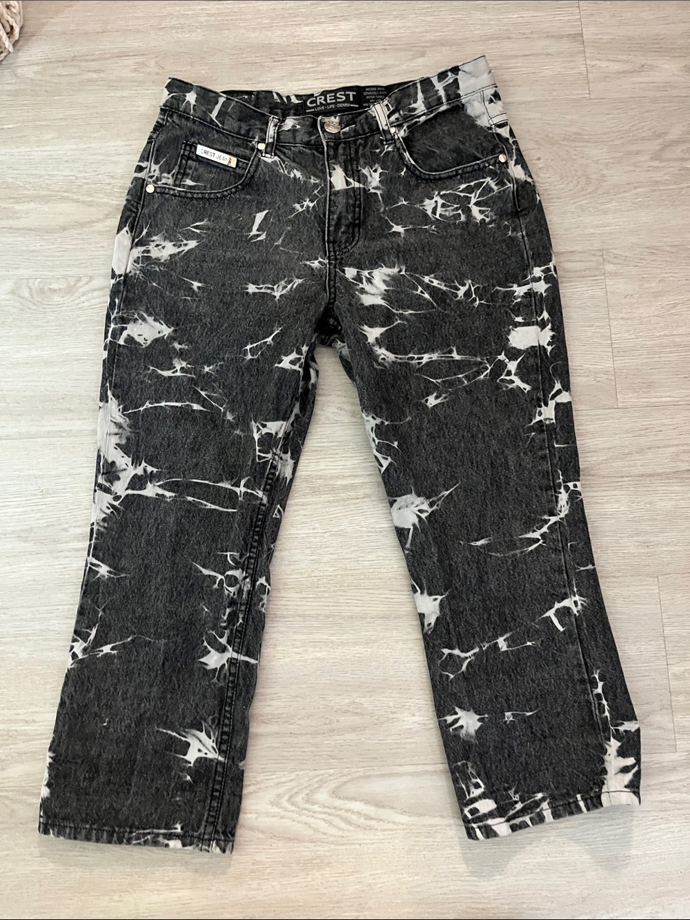 Crest Black & White 100% Cotton Acid-Wash Straight Leg Cropped Jeans 10